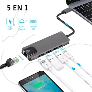HUB 5 EN 1 TIPO C - HDMI / RJ45 /USB 3.0 X 2 + TIPO C DE CARGA